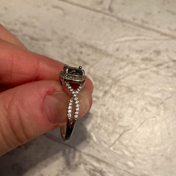 Square Lab Created Midnight Fire Opal & Faux Diamond Ring Silver Tone Band - Picture 3 of 6